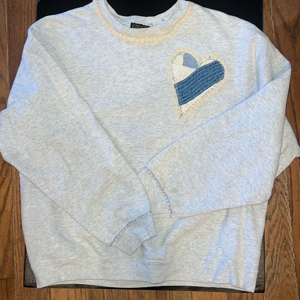 Vintage Patchwork Quilt Heart and Lace Crewneck Sweatshirt - Picture 1 of 8